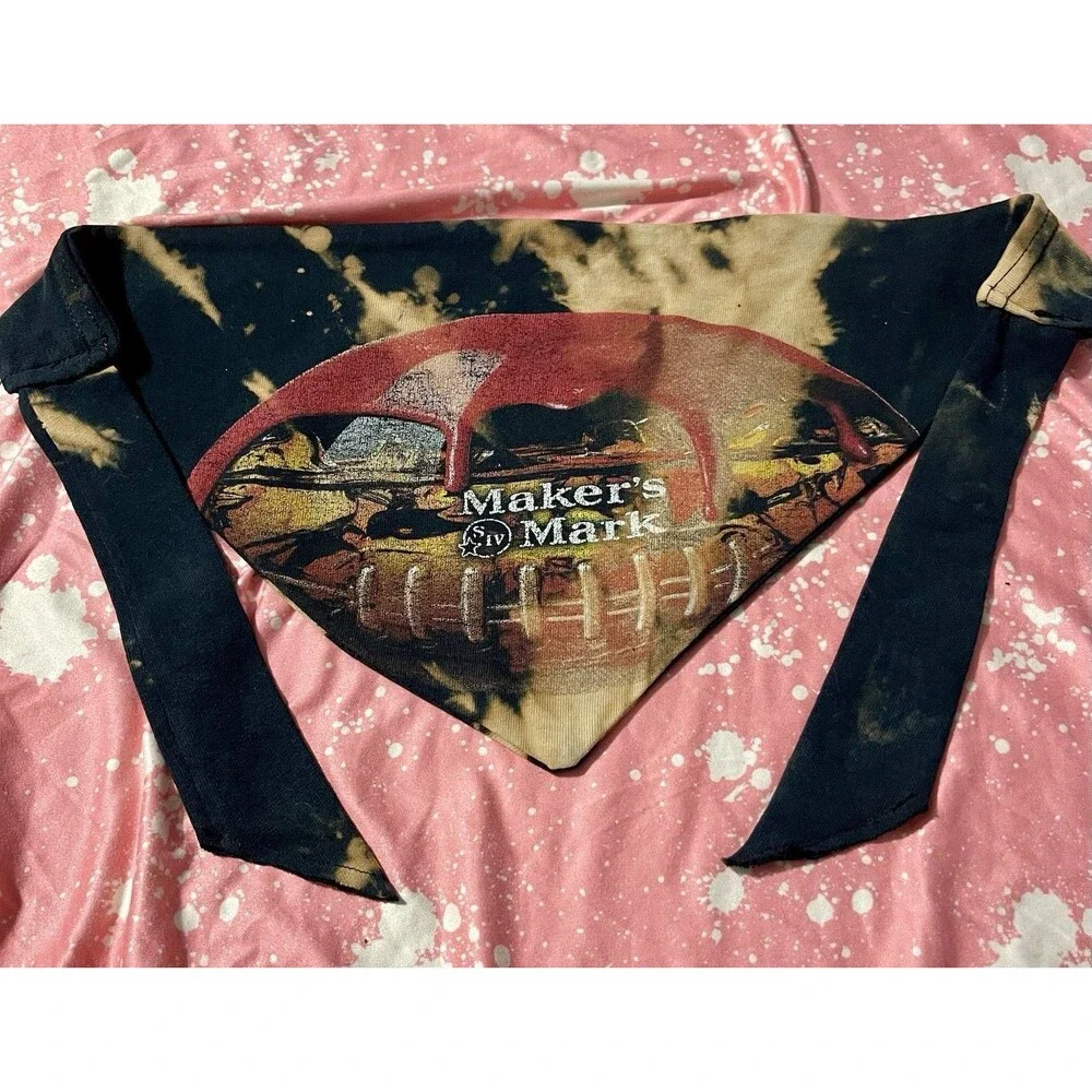 Maker's Mark Bourbon Football Bleach Tie-Dye Tie-On Dog Bandana Upcycled SzM/L